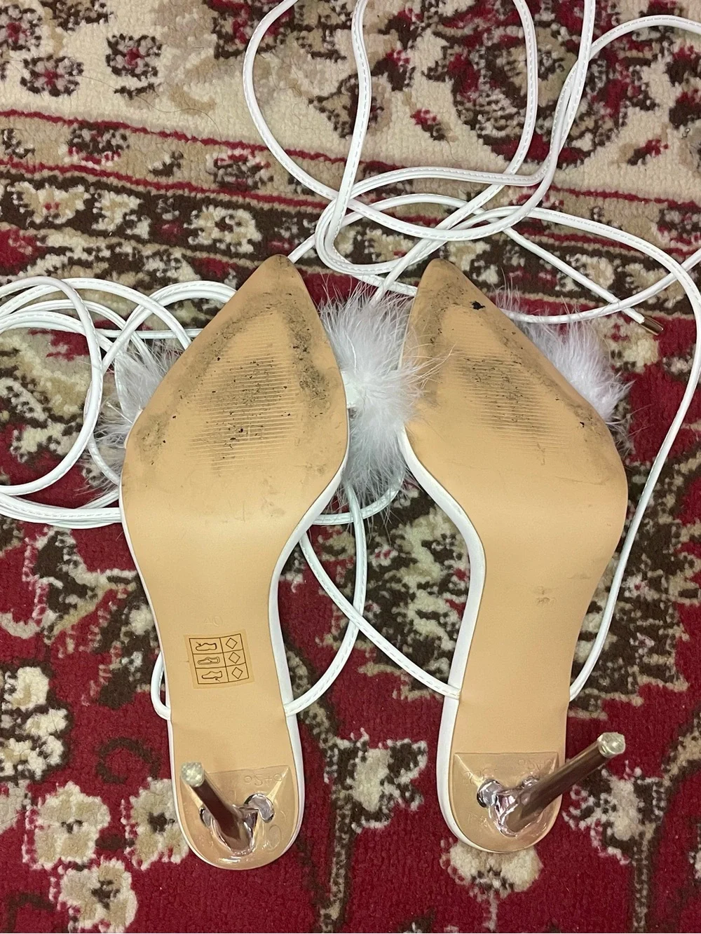 Amazon White Feather-Trim Lace-Up Pointed Toe Heels